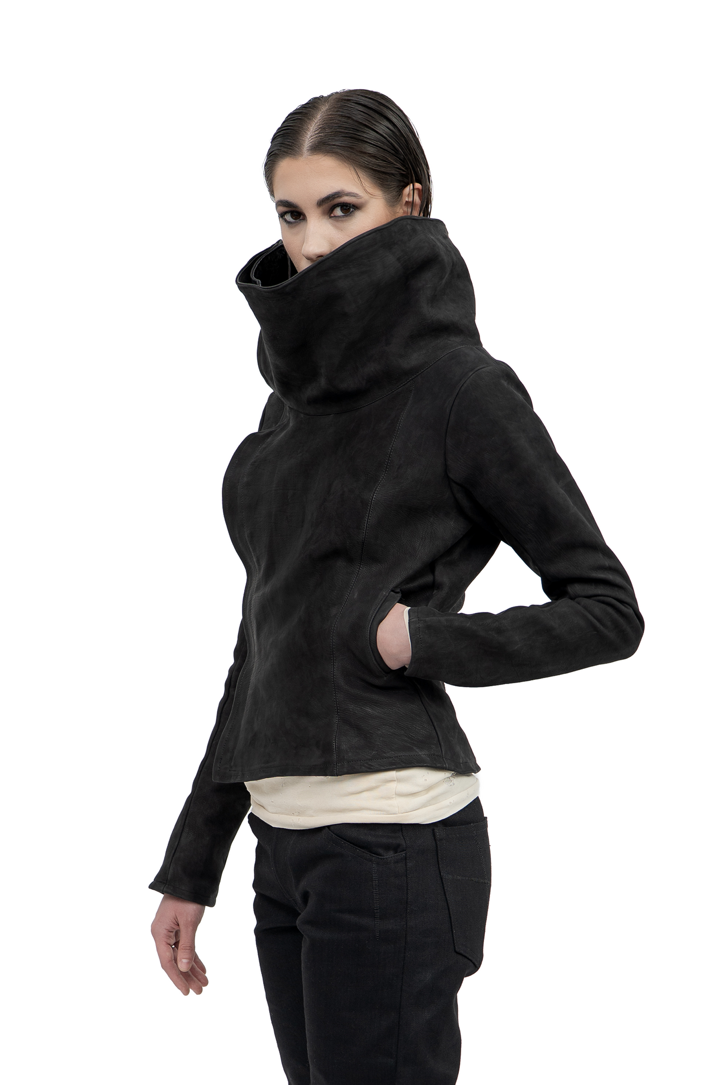 slim cropped collar leather jacket