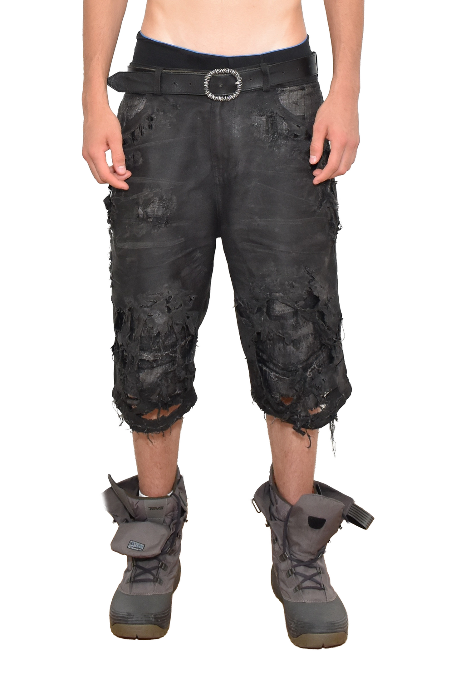 ripped coated denim shorts