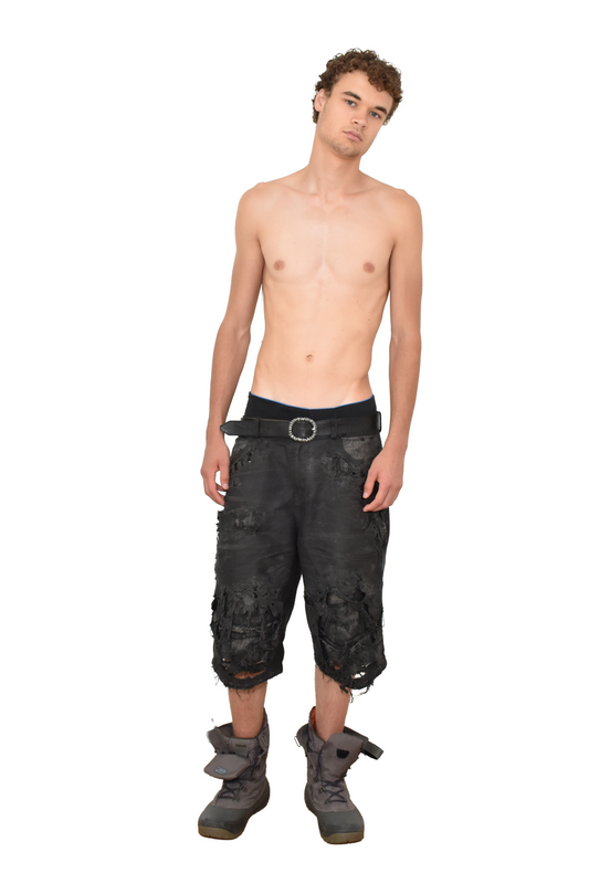 ripped coated denim shorts