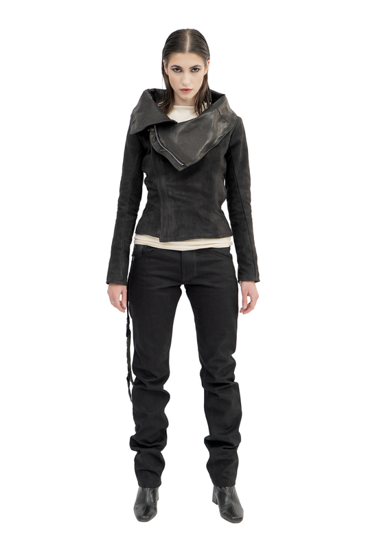 slim cropped collar leather jacket