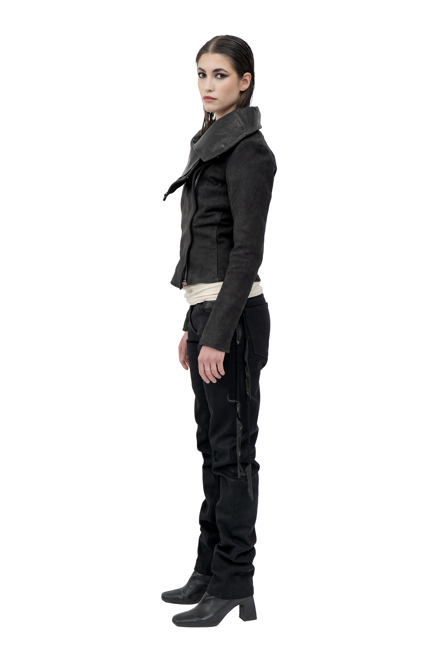 slim cropped collar leather jacket